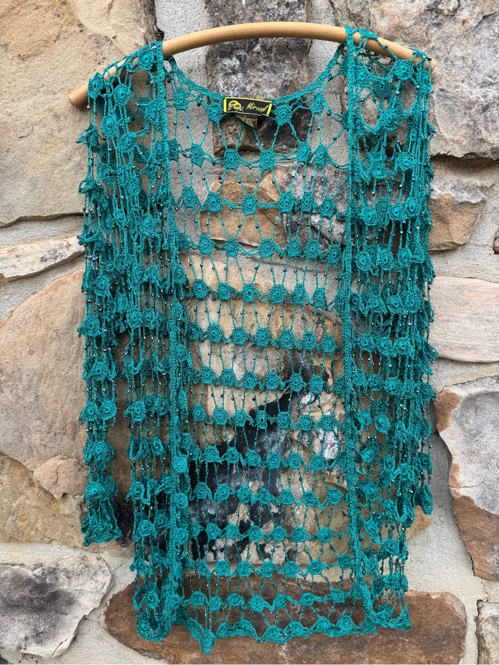 Vintage Mirasol Teal Beaded Crochet Open Knit Cardigan Mermaid Boho Size L  Y2K